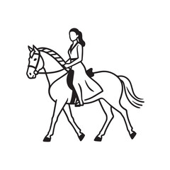 Black and white line art of a beautiful woman with perfect body riding horse elegant minimalist illustration