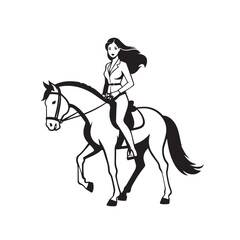 Black and white line art of a beautiful woman with perfect body riding horse elegant minimalist illustration