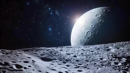 Cratered lunar landscape with a large, bright Moon rising over the horizon against a starry night sky. - Powered by Adobe