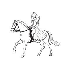 Black and white line art of a beautiful woman with perfect body riding horse elegant minimalist illustration