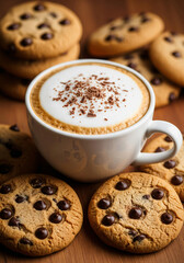 Chocolate chip cookies, plate of cookies, white coffee mug, rustic wooden table, warm lighting, cozy atmosphere, comfort food, homemade treats, scattered chocolate chips, golden brown cookies.