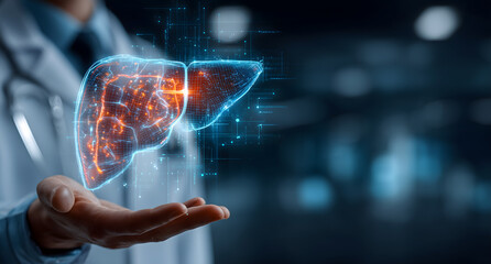 Healthcare Professional Holding Glowing Digital Human Liver Representing Medical Technology and Research