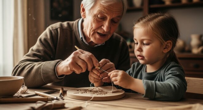 Grandfather and Granddaughter Engaging in a Crafting Activity Together Learning New Skills