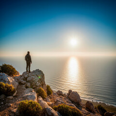 Fototapeta premium Time to Dream: A Calm Surface and the Silhouette of a Traveler