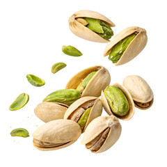 Pile of pistachios with shells and kernels isolated on transparent background