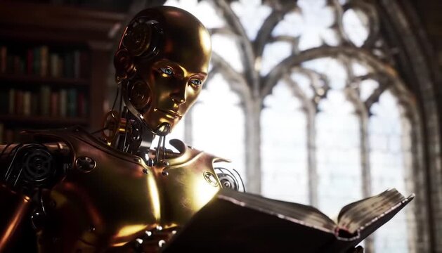Intelligent golden robot engrossed in reading ancient book in grand library scene