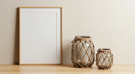 Wooden frame with glass table on pastel grey background. Side view. Copy space. Mockup. Template. Spring and summer minimalist concept.