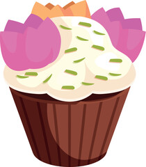 Cupcake decorated with pink lotus flowers and cream cheese frosting, creating a visually appealing and delicious treat