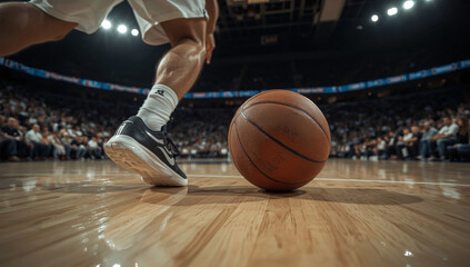 Close-up of a basketball player's legs and the ball, with a stadium crowd in the background