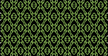 Green geometric seamless pattern on black background, elegant decorative vector design for fabric, wallpaper, or wrapping paper.