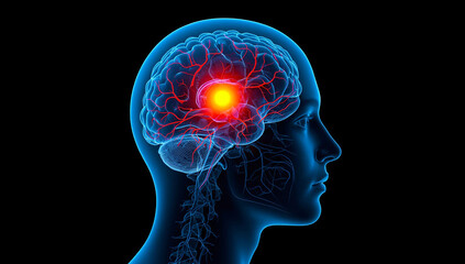 Obraz premium Human head with an X ray showing the brain highlighted in red, illustrating stroke diagnosis, Stroke recovery, recovery therapy, headache, head pain