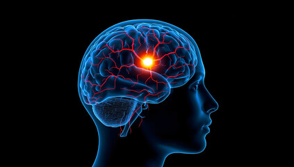 Human head with an X ray showing the brain highlighted in red, illustrating stroke diagnosis, Stroke recovery, recovery therapy, headache, head pain