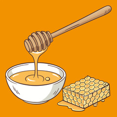 Golden Natural Honey with Honeycomb and Wooden Dipper – Pure Organic Sweet Food Isolated.