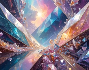 Crystal pathway through a vibrant, geometric landscape