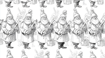 This image presents a repetitive pattern of figures in an illustrative style. The primary subject is a character with a large beard and hat, clad in a long coat, and positioned next to a wrapped gift