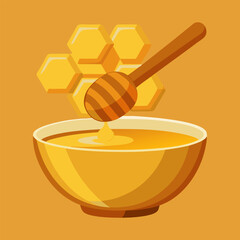 Golden Natural Honey with Honeycomb and Wooden Dipper – Pure Organic Sweet Food Isolated.
