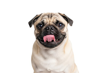 Fototapeta premium Young fawn pug with black muzzle, wrinkled face, dark eyes, pink tongue lolling, sitting against a pristine transparent studio background with copy space. Adorable pet portrait concept