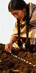 Indigenous Woman Sowing Seeds in Fertile Soil, Symbolizing Growth, Tradition, and Sustainable Agriculture
