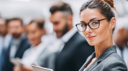 Confident caucasian woman in formal wear engages with business colleagues during a corporate event in the city