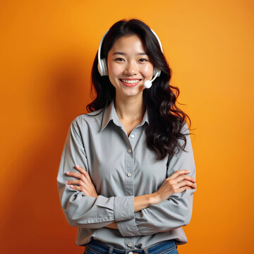 Young Asian woman, call center agent, wears headset, smiles confidently with arms crossed. Offers customer support, assistance. Profession involves communication, technology, working in business
