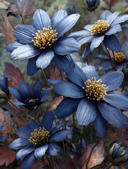Close-up of artistic dark blue flowers featuring textured petals with prominent golden yellow centers