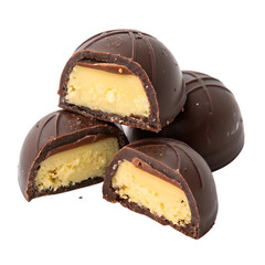 Pile of chocolate covered candies with creamy filling isolated on transparent background