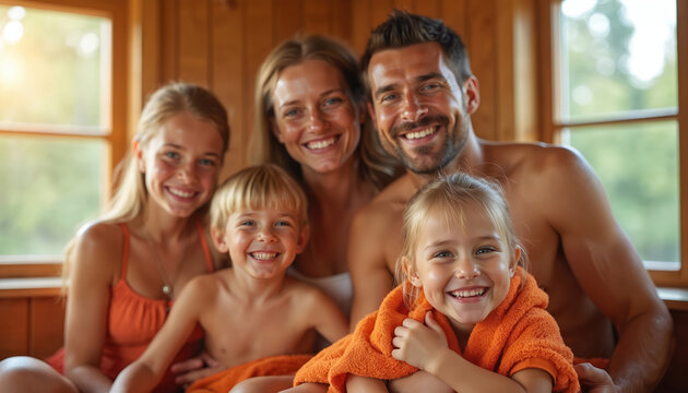 Happy family, parents, children, enjoy sauna time in wooden cabin. Smiling faces radiate warmth, joy, bonding, togetherness. This scene promotes wellness, health, relaxation, family connection.