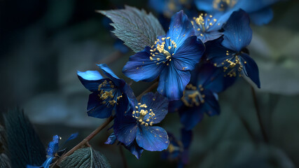 Macro Shot of Deep Blue Flowers with Vibrant Yellow Stamens on a Dark Botanical Background