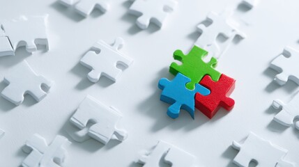 Jigsaw Colorful interlocking puzzle pieces amidst scattered white pieces on white