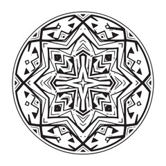 Intricate black and white geometric mandala pattern with tribal motifs