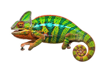 Naklejka premium Veiled chameleon, intricate multi-color scales, mouth ajar, tail coiled, on green branch against transparent background, copy space, concept of nature's vibrant artistry