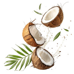 Fresh coconut halves with water splash and palm leaves isolated on transparent background