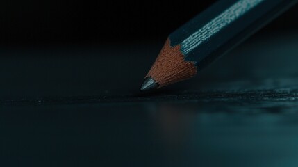 A close-up of a sharpened pencil with a dark blue body and a light brown tip.
