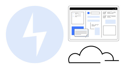 Fototapeta na wymiar Lightning bolt icon, workflow interface on computer screen, cloud graphic. Ideal for productivity, teamwork, cloud computing, innovation, efficiency SaaS tools digital transformation. Simple flat