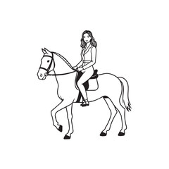 Black and white line art of a beautiful woman with perfect body riding horse elegant minimalist illustration