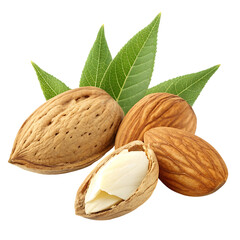 Whole and cracked almonds with leaves isolated on transparent background