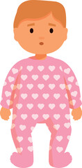 Adorable baby wearing a pink onesie with hearts, standing up and looking forward, perfect for baby product advertisements or parenting blogs