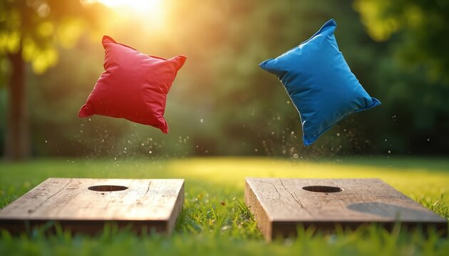 Red and blue bean bags fly in mid-air over cornhole boards during competitive game. Clear details of action, perfect shot of sport equipment and grass. Family fun on sunny day, outdoor recreation.