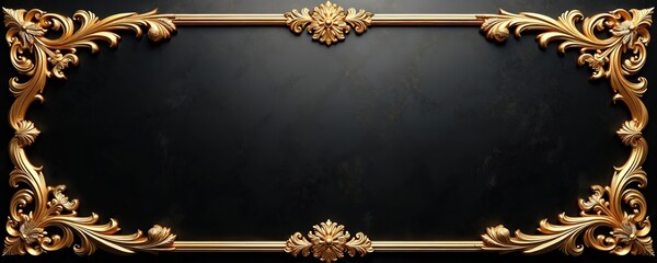 Ornate gold filigree frame borders black lacquer background. Evokes opulence, luxury, sophistication for invitations, VIP events, elegant announcements. Classic design, rich texture.