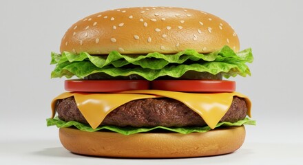 A detailed hamburger with sesame seed bun lettuce tomato cheese and patty