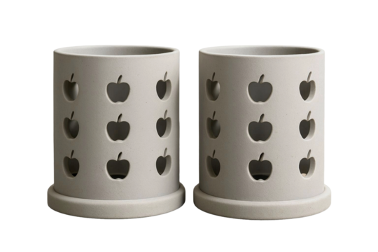 Pair Of Ceramic Desk Pen Holders With Apple Cutout Pattern Minimal Cylinder Cups For Stationery Storage In Neutral Tone For Modern Home Office Decor