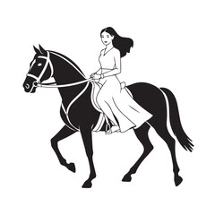 Black and white line art of a beautiful woman with perfect body riding horse elegant minimalist illustration