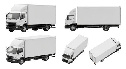 Multiple views of a pristine, unbranded white commercial delivery truck against an infinite white studio background with copy space, photorealistic 3D render, concept for logistics branding
