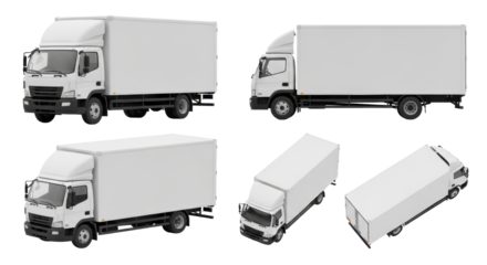 Multiple views of a pristine, unbranded white commercial delivery truck against an infinite white studio background with copy space, photorealistic 3D render, concept for logistics branding
