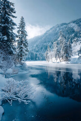 Discover the Tranquil Beauy of a Frozen Winter Lake:An Enchanting Winter Wondeland Amidst Snow-Covered Tees and Stunning Natural Tanquility