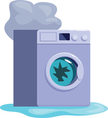 Broken washing machine is leaking water and emitting smoke, requiring urgent repair by a technician