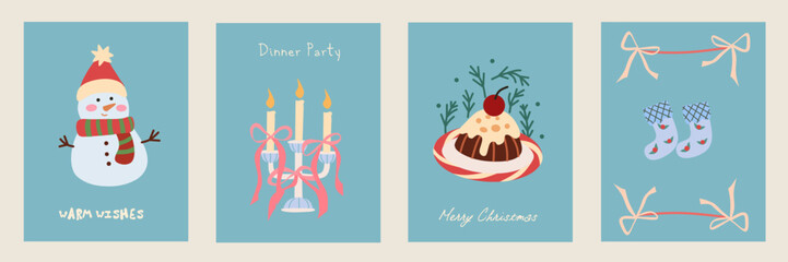 Christmas card designs set. Modern winter template cute hand drawn vector elements. Vintage italian whimsical style for greeting, poster, banner, wall decor, label, branding.