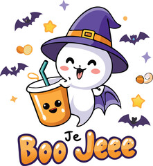 A cute halloween ghost wearing a witch hat holds a drink with bats and stars on a white background isolated on white background