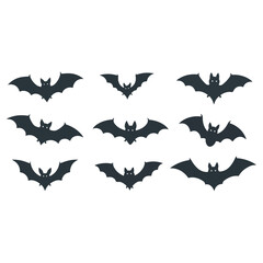 Naklejka premium Nine black bat silhouettes on a white background for Halloween decoration.