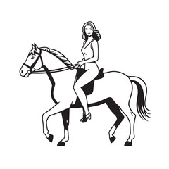 Black and white line art of a beautiful woman with perfect body riding horse elegant minimalist illustration